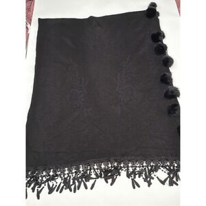 Elegant Black Shawl Scarf with Rabbit Pom Pom & Lace Trim 25" x 70"cashmere wool